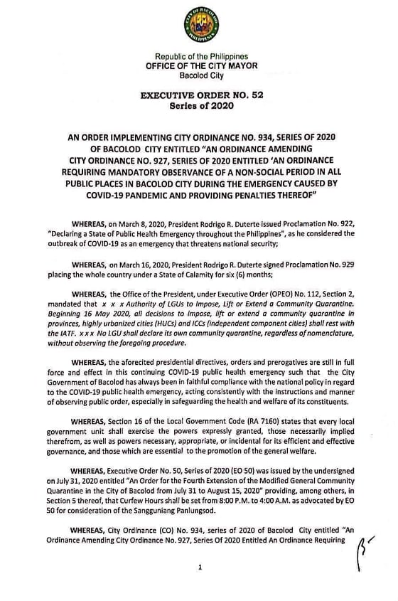 8 p.m. curfew starts aug 9; violators to pay fines, render community service 1 Curfew EO page 1