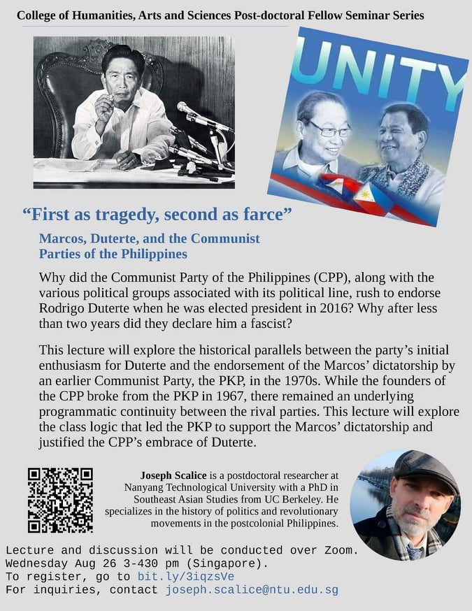 lecture on communist parties' support for marcos, duterte on tomorrow 1 Poster ad for Joseph Scalice's lecture. | Photo from Joseph Scalice's FB page