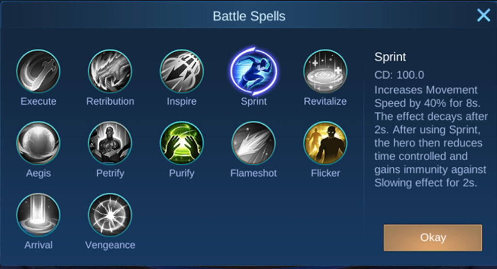 Battle spells menu for Chang e of mobile legends bang bang.