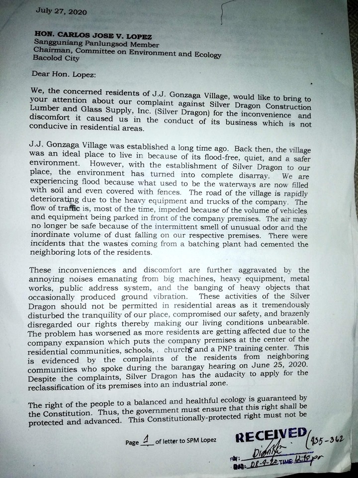 A copy of the letter to Councilor Carlos Jose Lopez.