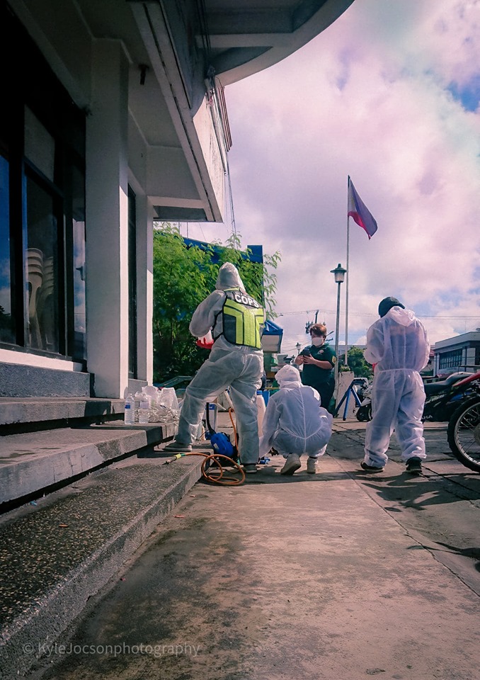 Disinfection of police station 1 7:30 am September 19, 2020 In PPE suit(Nimrod Reyes Dionisio Sayam Joey AGUILA) In COPS BRIGADE uniform (Leanna Liongson) | Photo by Kyle Jocson