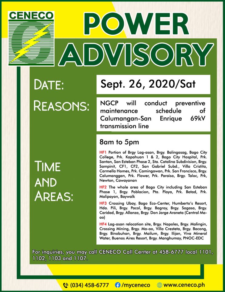 Power advisory for September 26 by Ceneco