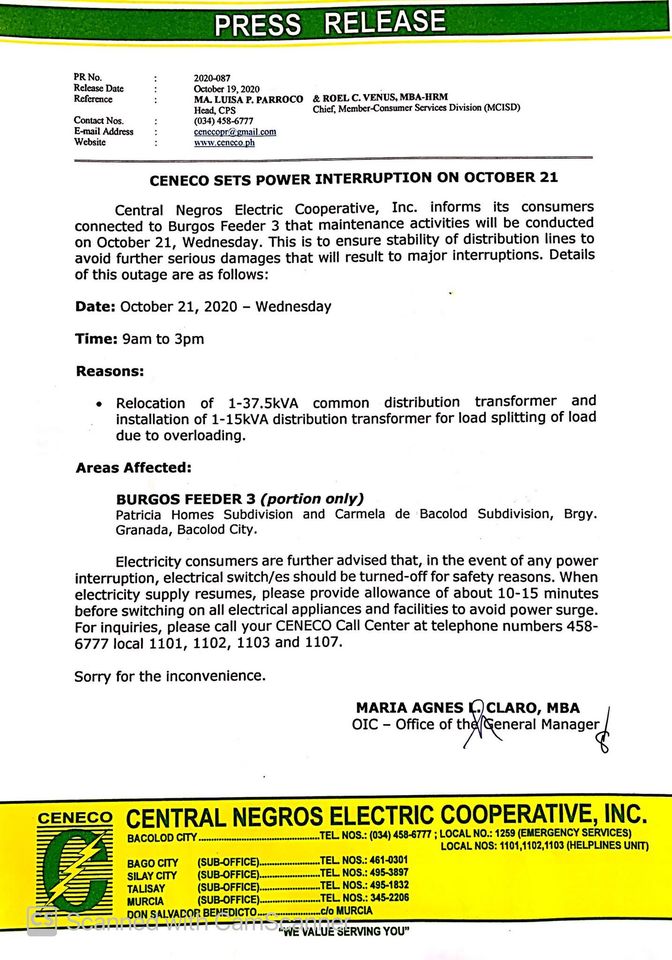ceneco press release for oct 21 brownout