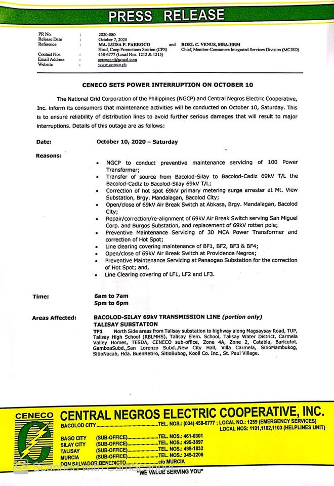 Page 1 copy of CENECO press release for power interruption on October 10, 2020. | Photo from CENECO website.