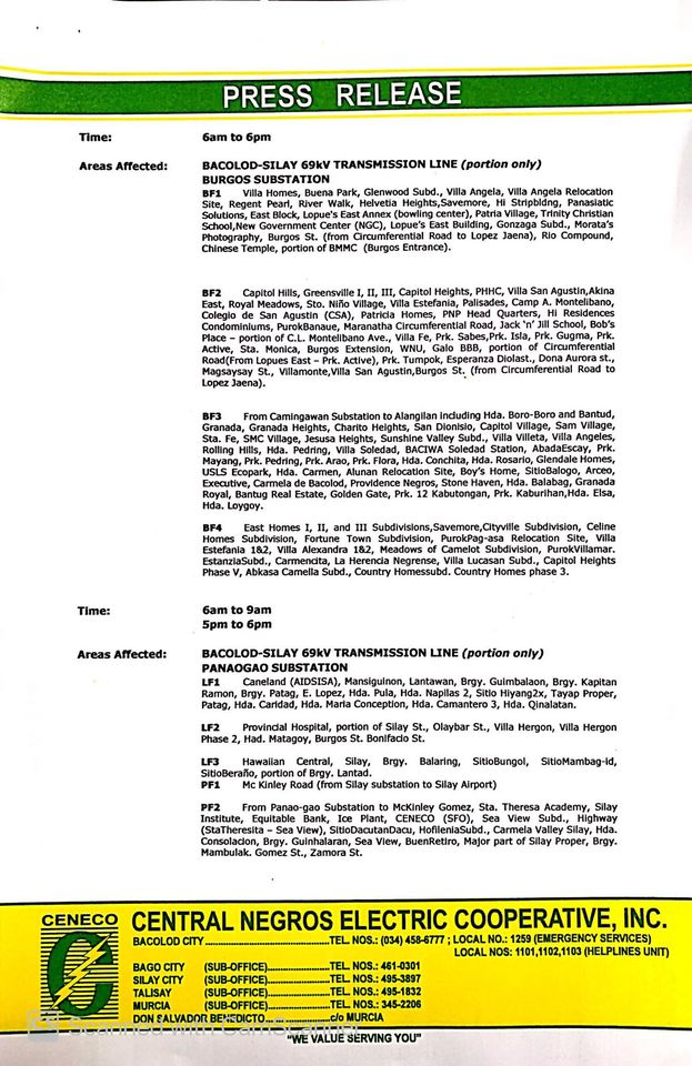 Page 3 copy of CENECO press release for power interruption on October 10, 2020. | Photo from CENECO website.