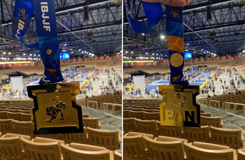 Doc Sunny's champion's medal. In foreground is the fight area at the Silver Spurs Arena in Kissimmee, Florida, USA, where the championships were held from 8 October 8 to 11 October 2020 | Photo from personal collection courtesy of Doc Sunny Diego