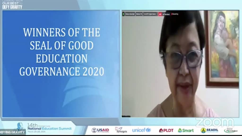A screenshot of Synergeia Foundation CEO Milwida Guevara at the awarding of the Seal of Good Education Governance.