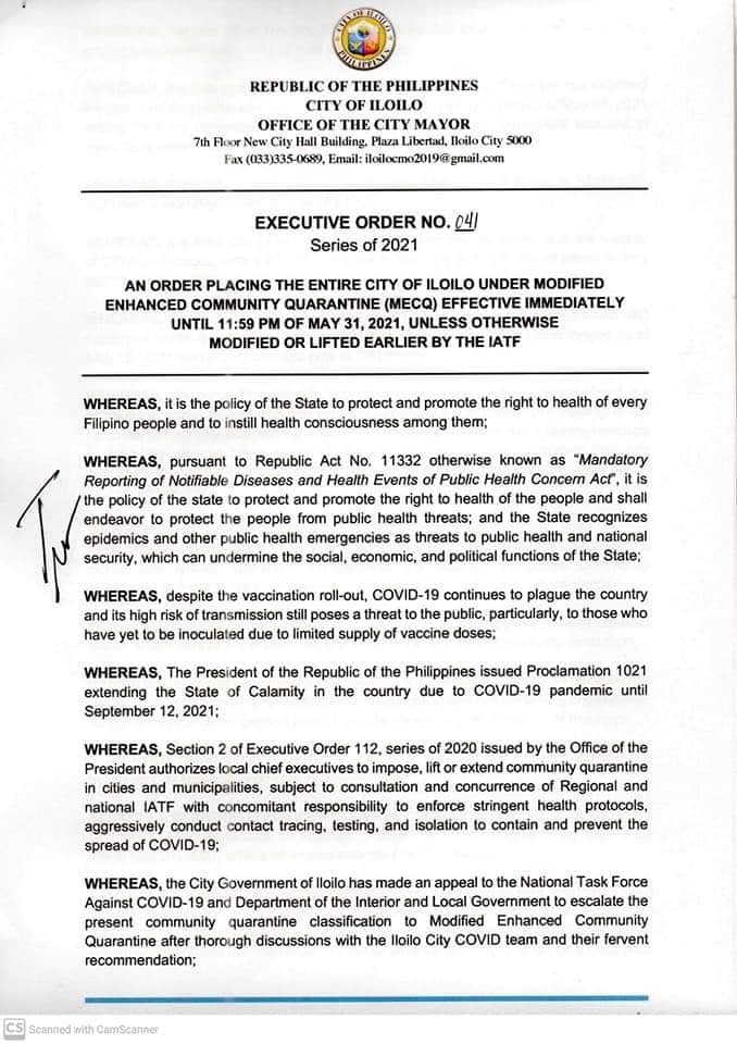 Page 1 of the Executive Order 041-A of Iloilo Mayor Jerry Treñas.