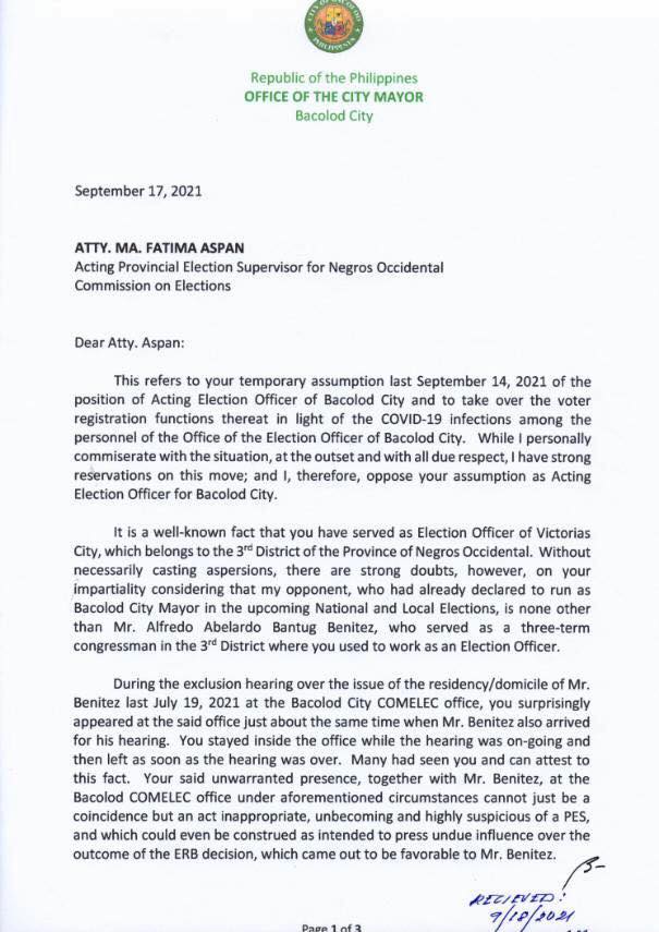 First page of the letter sent to Atty. Ma. Fatima Aspan from Bacolod City Mayor Evelio R. Leonardia. | Photo from Bacolod City PIO Facebook page. 