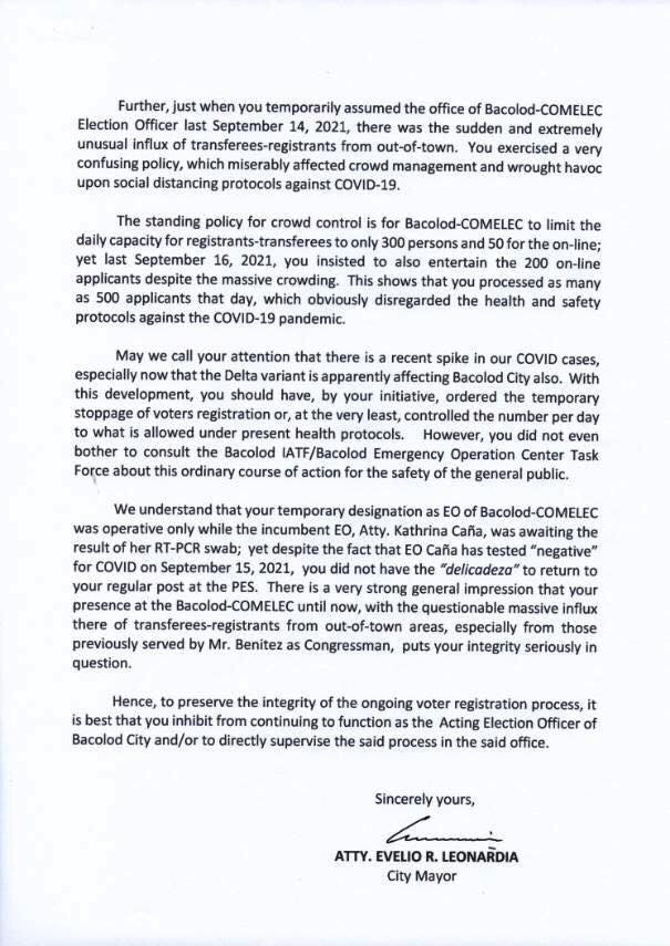 Second page of the letter sent to Atty. Ma. Fatima Aspan from Bacolod City Mayor Evelio R. Leonardia. | Photo from Bacolod City PIO Facebook page. 