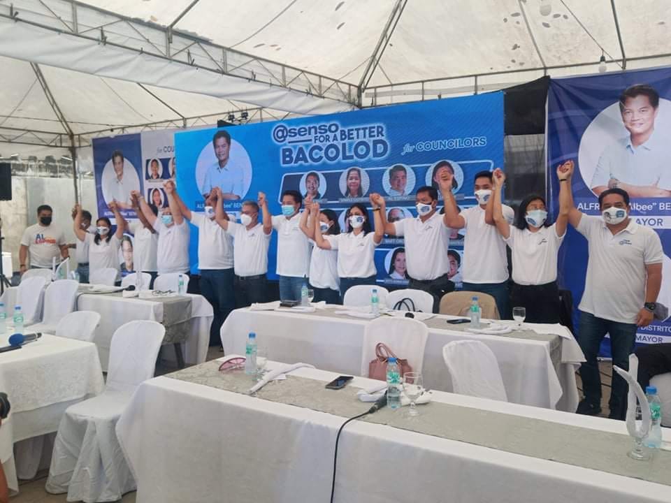 The full slate of the Asenso Bacolod political coalition after their certificates of candidacy were confirmed to be sufficient in form and substance. They were introduced to the public during a news conference at the residence of their standard bearer, former Third District Cong Alfredo Abelardo "Albee" Benitez today, 5 October 2021. | Photo by Hannah A Papasin