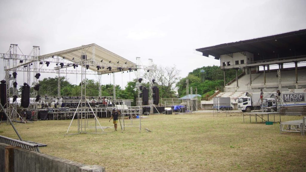 READY FOR LENI. A stage rigged up in the soccer pitch of the Paglaum Sports Complex stands ready for presidential candidate Leni Robredo and her team for the grand rally scheduled tomorrow, 11 March 2022, in Bacolod City, Philippines that is now in the middle of a campaign period for the May 2022 polls. Robredo and her team will whistlestop through five areas here - the cities of San Carlos, Sagay, Kabankalan, La Carlota, and Binalbagan town before the grand event.