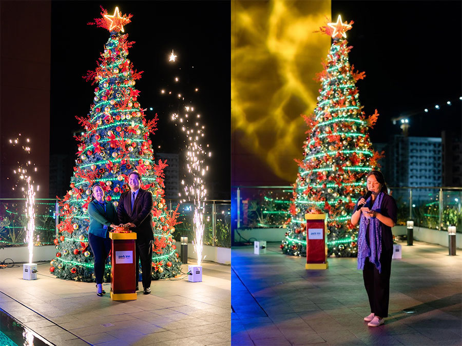Left Photo: The Ceremonial Lighting of the Christmas tree led by, Ms. Julia Javellana, Assistant Mall Manager of SM City Bacolod & Mr. Sherwin Lucas, General Manager of Park Inn by Radisson Bacolod. Right Photo: Delivering the message from the Bacolod City Mayor Albee Benitez, Ms. Carmeli Bantug-Zayco, Executive Assistant to the Mayor.