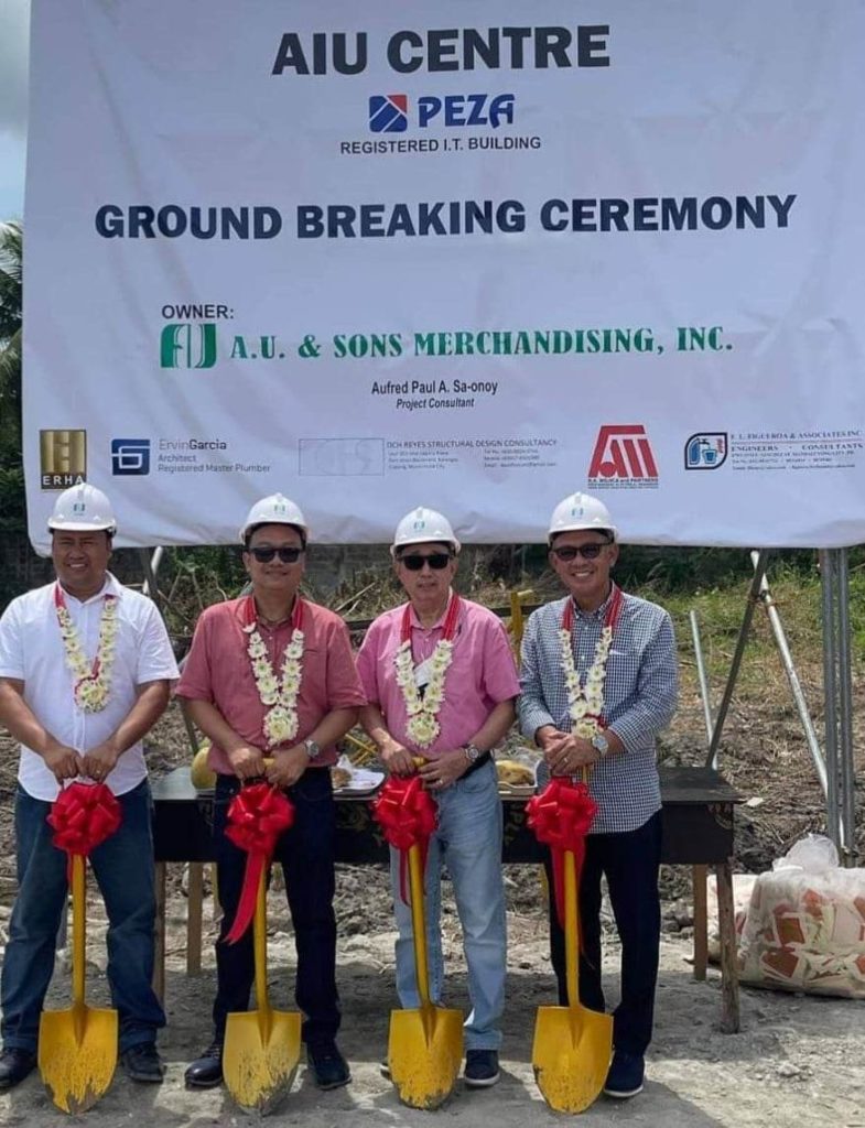 AIU CENTRE Ground Breaking: (Left to right) Designer Architect Ervin Garcia; Project Consultant -Aufred Paul A. Sa-onoy; AUSMI President Johnny S. Uy and Project Manager (ERHA) Engr. Ed Hitosis.
