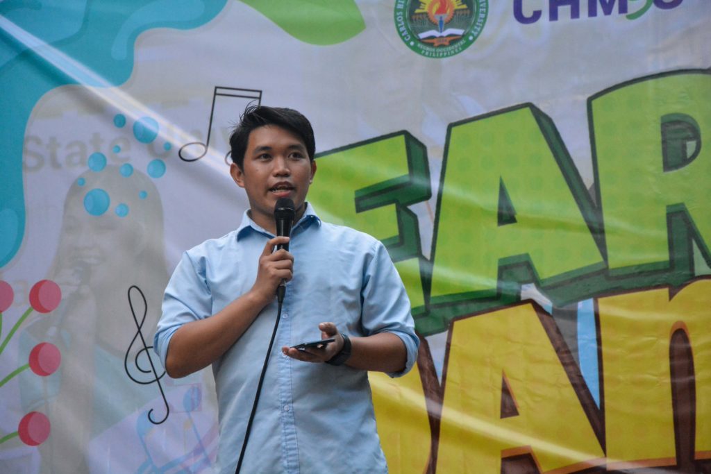 CHMSU CIER Advocacy Support Staff Sherwin Macahilig gives his welcome message during Earth Jam.