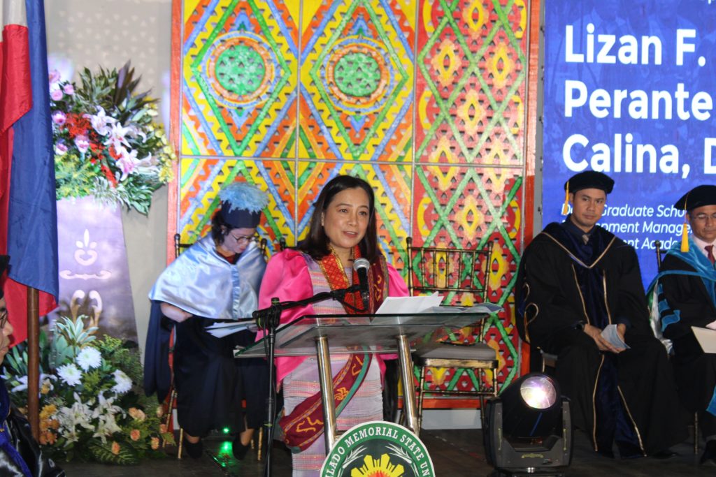 Commencement Speaker Lizan F. Perante-Calina, DPA, Dean of the Graduate School of Public and Development Management, Development Academy of the Philippines, gives her message to the graduates.