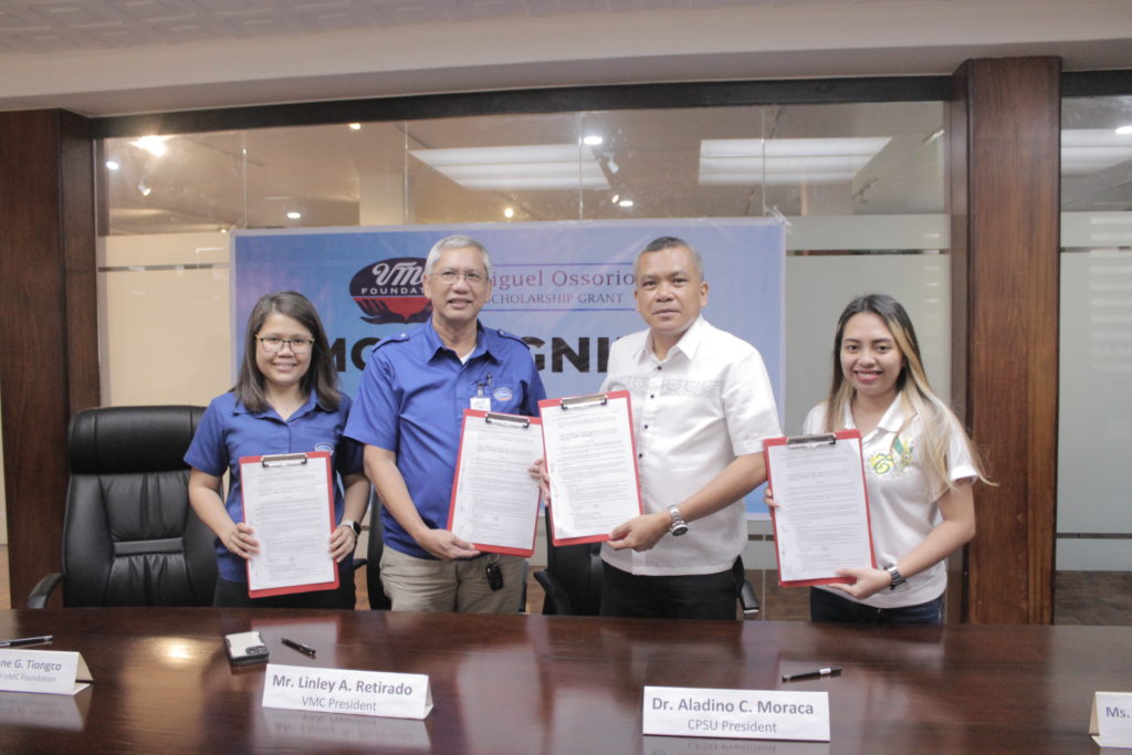 (L-R) Phoebe Pastera, VMC Chief Operating Officer, Engr Linley Retirado, VMC President, Aladino Moraca, CPSU President, Romelyn May Cuizon, CPSU Scholarship Coordinator at the recent MOA signing between VMC and CPSU.