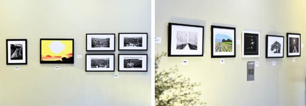 Bo Villanueva showcases restored 1970s black-and-white photographs, 11” x 17” mounted prints, black-framed canvas prints, and large framed canvases enhanced with acrylic paint.